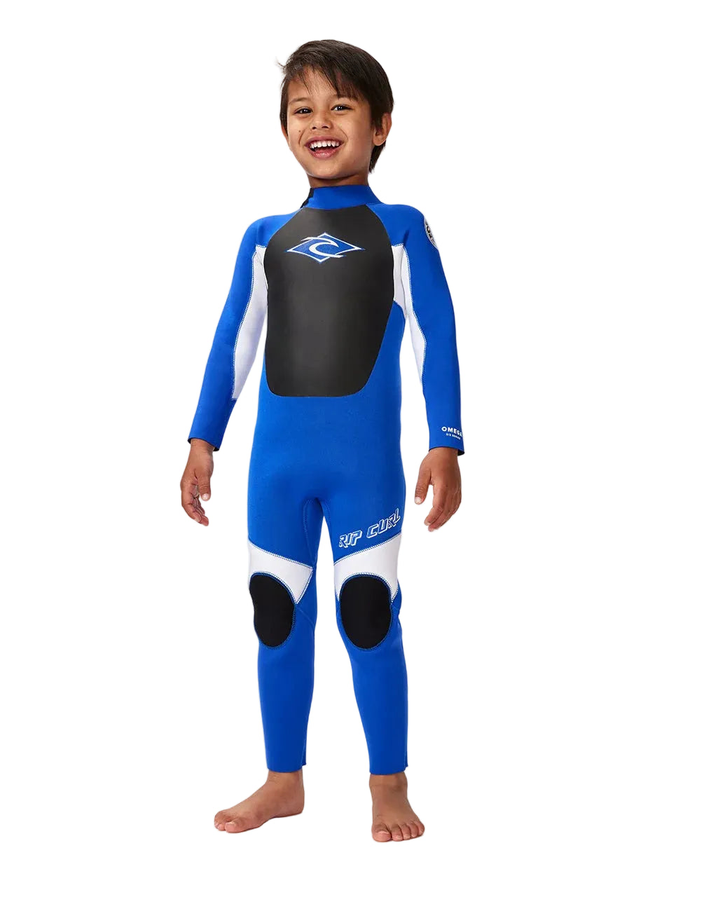 Child wearing a blue and black wetsuit on a white background shed nine