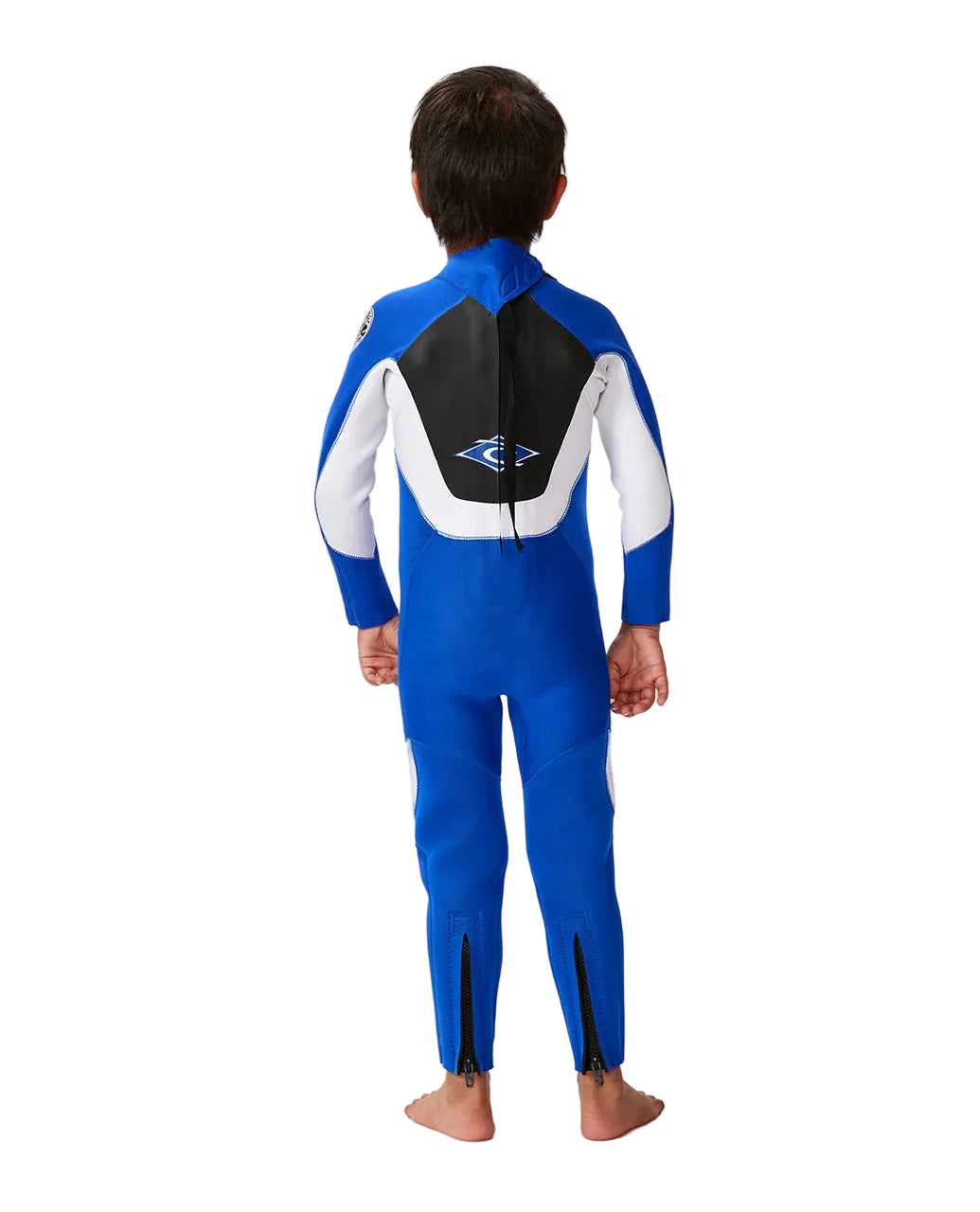 Child wearing a blue and white wetsuit on a white background shed nine