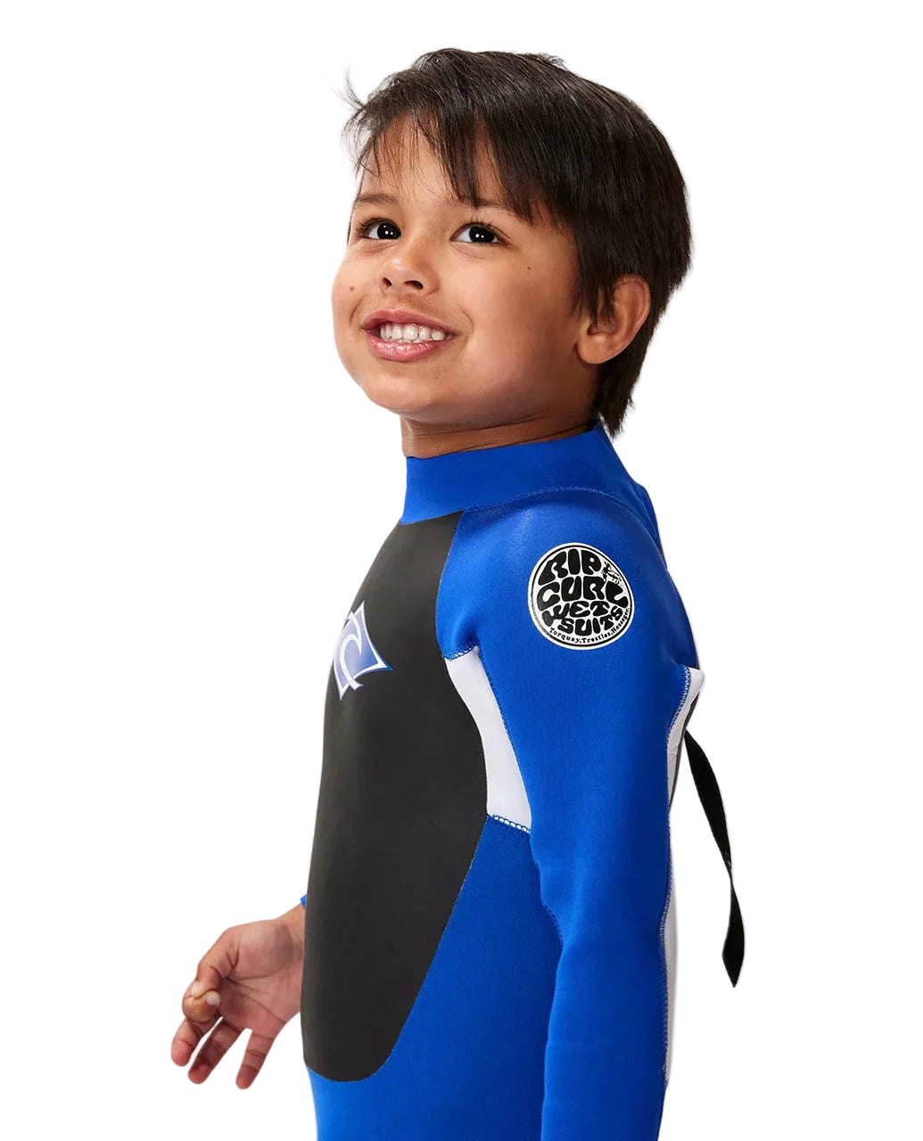 Child wearing a blue and black wetsuit with a visible brand logo on a white background shed nine