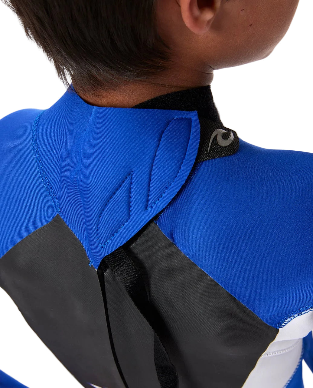 Close-up of a blue and black wetsuit on a person against a white background shed nine