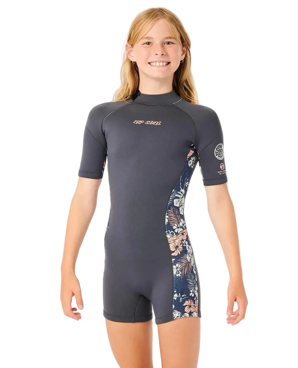 Child wearing a gray and floral wetsuit on a white background shed nine 