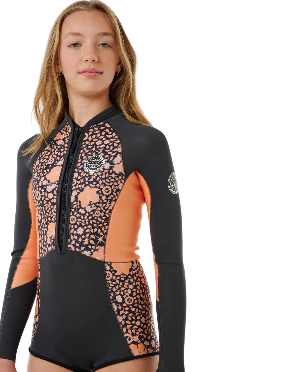 Person wearing a black and orange patterned swimsuit on a white background shed nine 