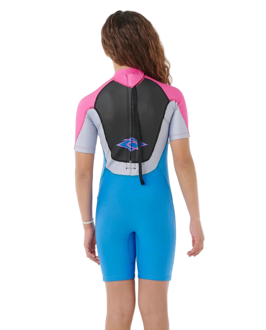 Person wearing a blue and pink wetsuit with a visible brand logo on a white background shed nine