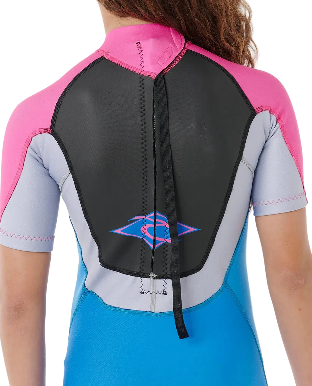 Back view of a colorful wetsuit with a visible brand logo on a white background shed nine