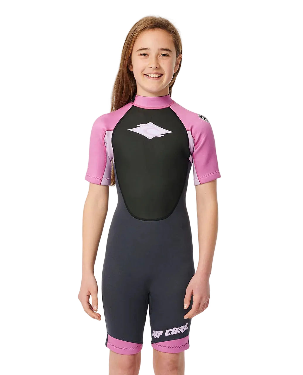Child wearing a black and pink wetsuit on a white background shed nine