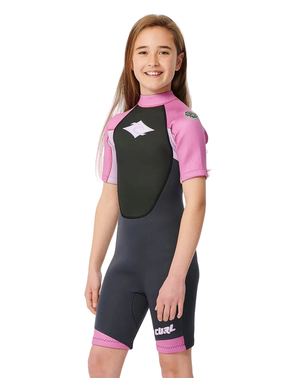 Young girl wearing a black and pink wetsuit on a white background shed nine