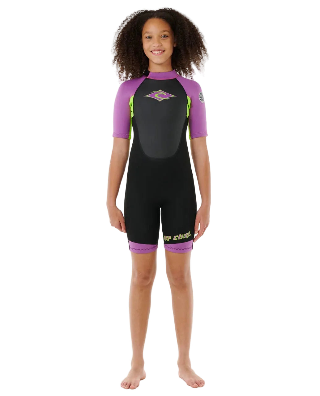 Child wearing a black and purple wetsuit on a white background shed nine