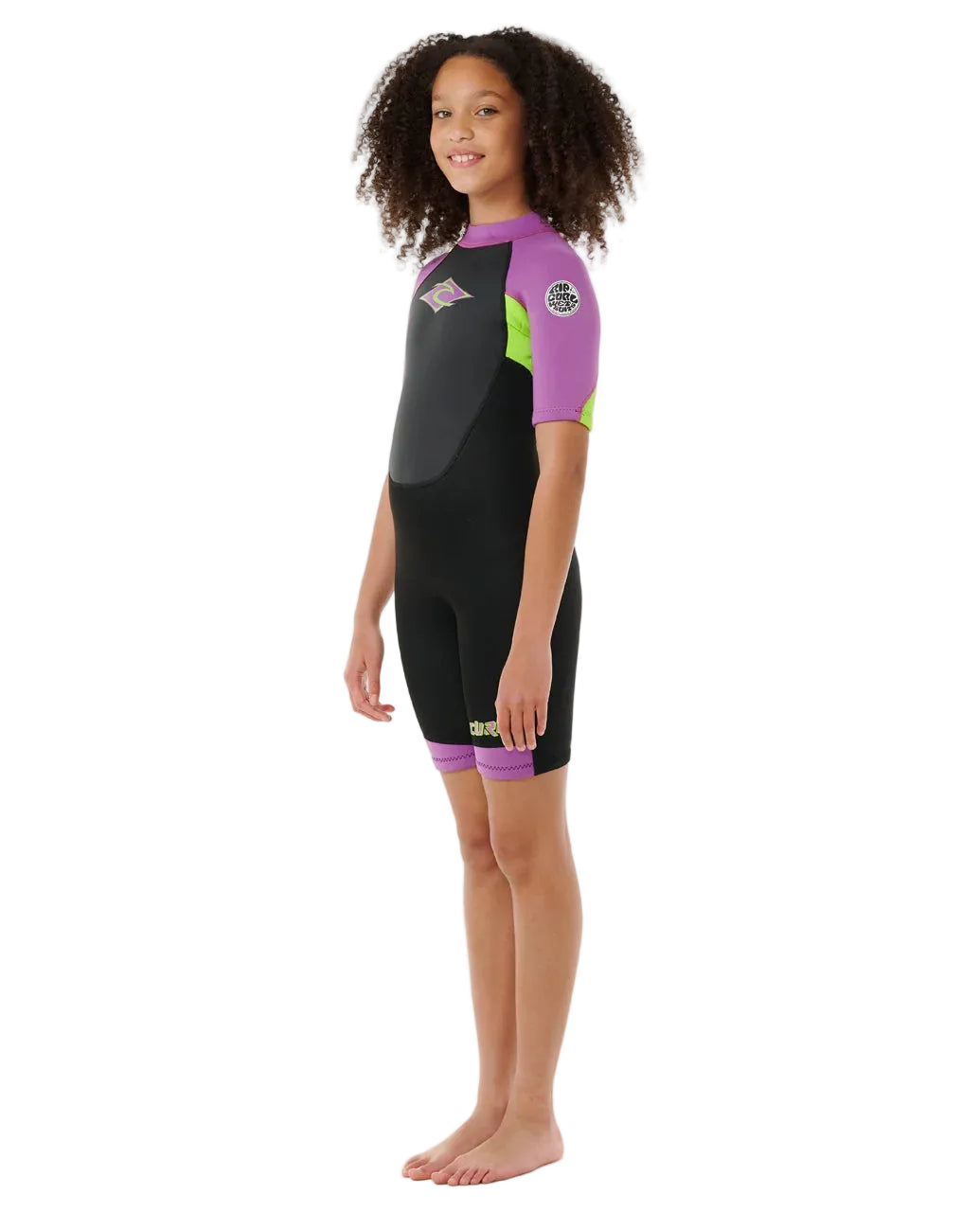 Child wearing a black and purple wetsuit on a white background shed nine