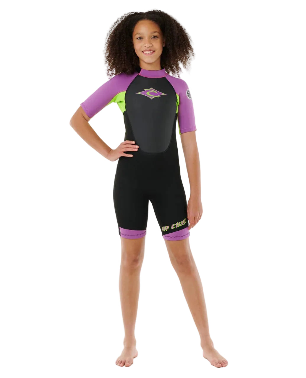 Child wearing a black and purple wetsuit on a white background shed nine