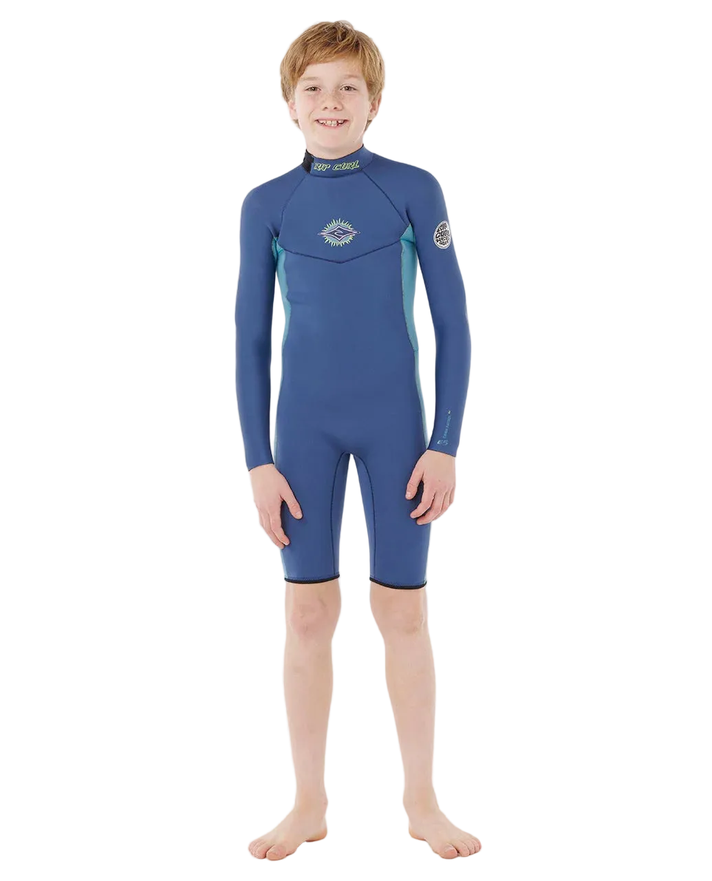 shed nine Child wearing a blue wetsuit on a white background
