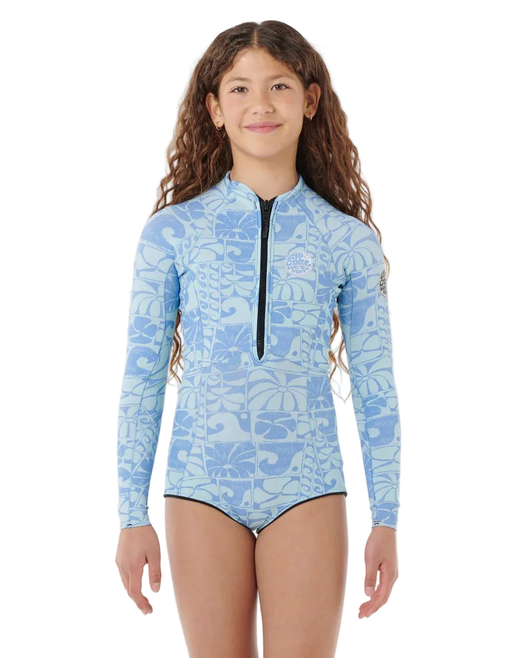 Girl wearing a blue patterned swimsuit with long sleeves on a white background shed nine