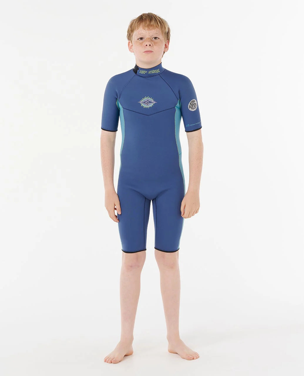 shed nine Child wearing a blue wetsuit on a white background