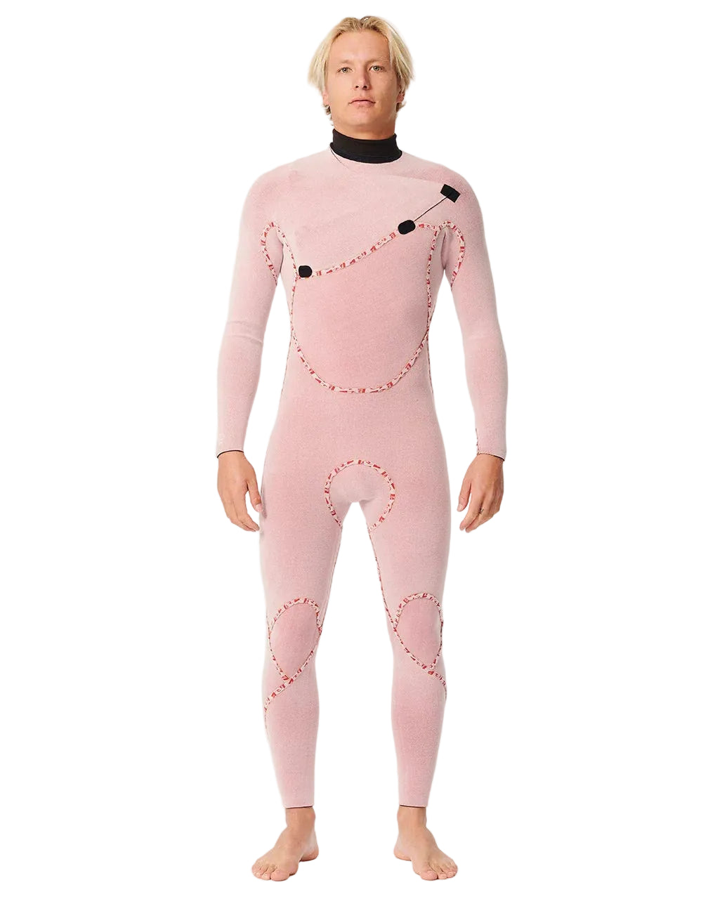 Person wearing a pink wetsuit with heart patterns on a white background shed nine
