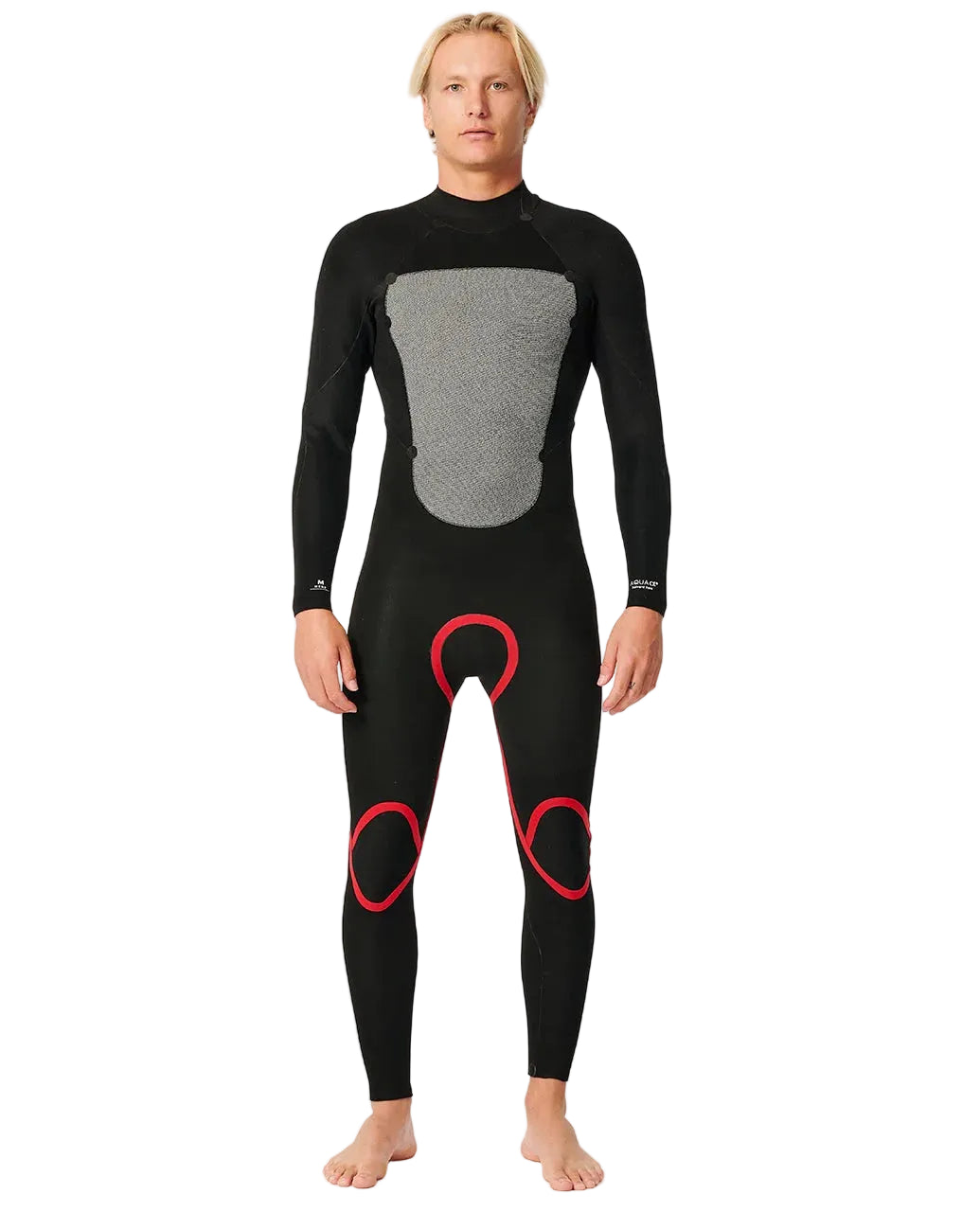 Person wearing a black wetsuit with gray and red accents on a white background shed nine 