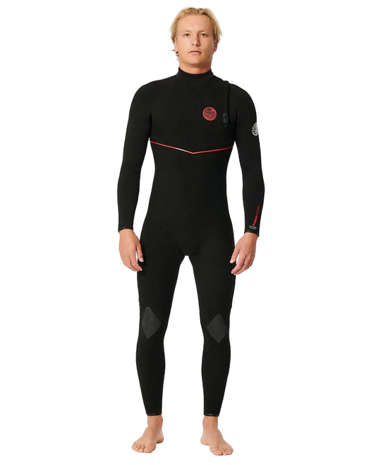 Person wearing a black wetsuit with red accents on a white background shed nine