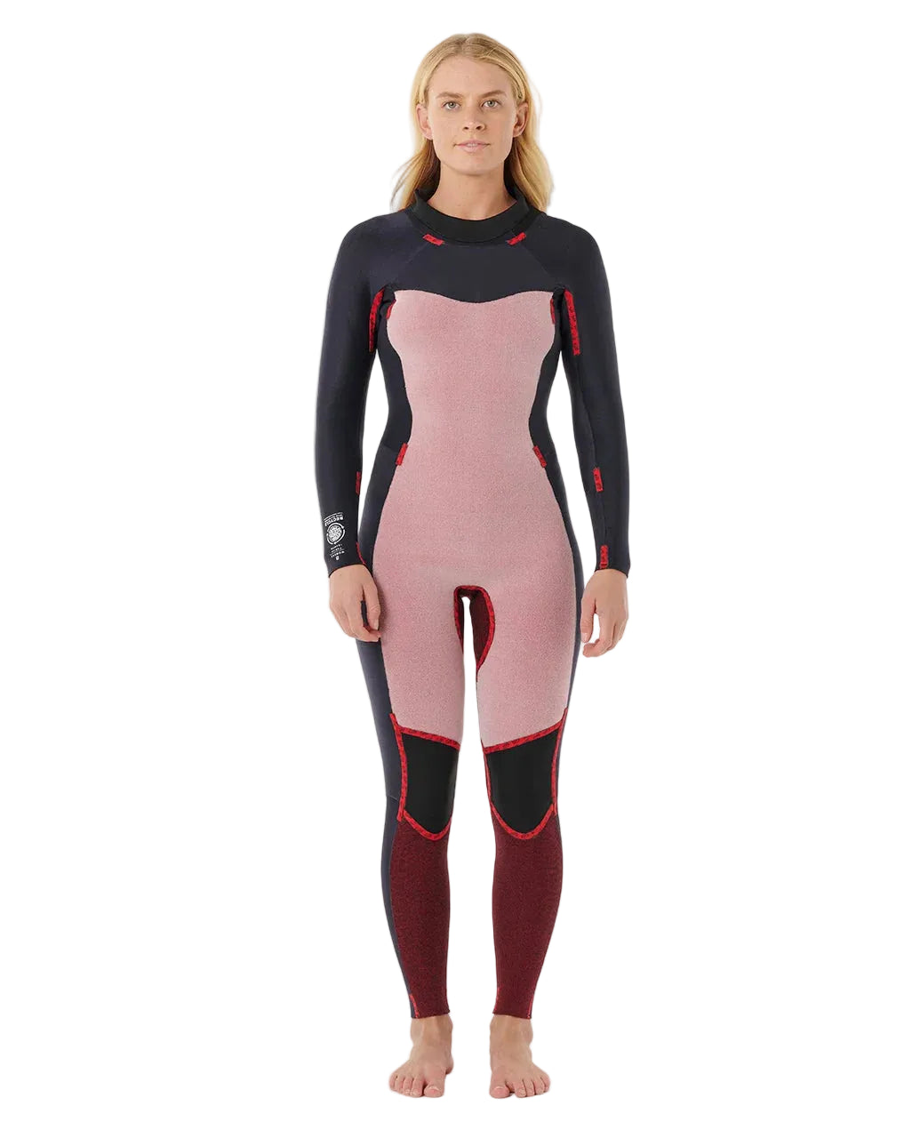 Person wearing a pink and black wetsuit on a white background shed nine
