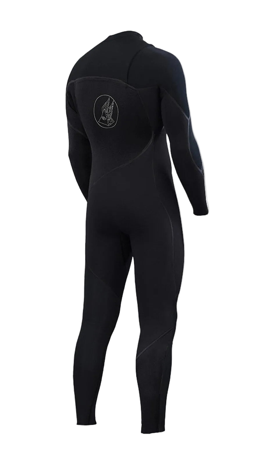 Black wetsuit with a logo on the back against a white background shed nine 