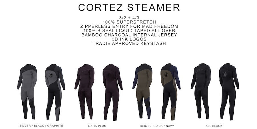 Cortez Steamer wetsuit options with specifications on a white background shed nine