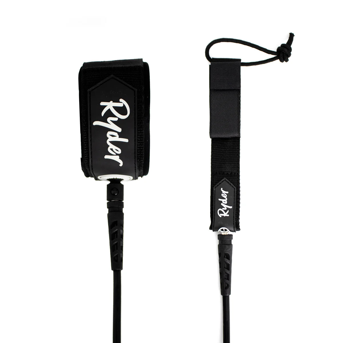 shed nine Black surfboard leash with 'Ryder' branding on a white background