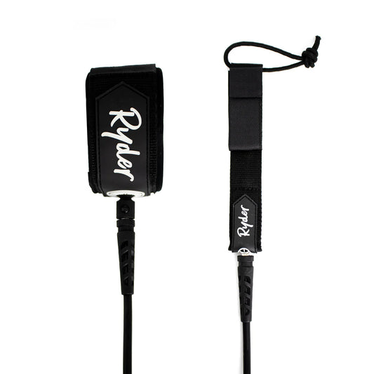 shed nine Black surfboard leash with 'Ryder' branding on a white background