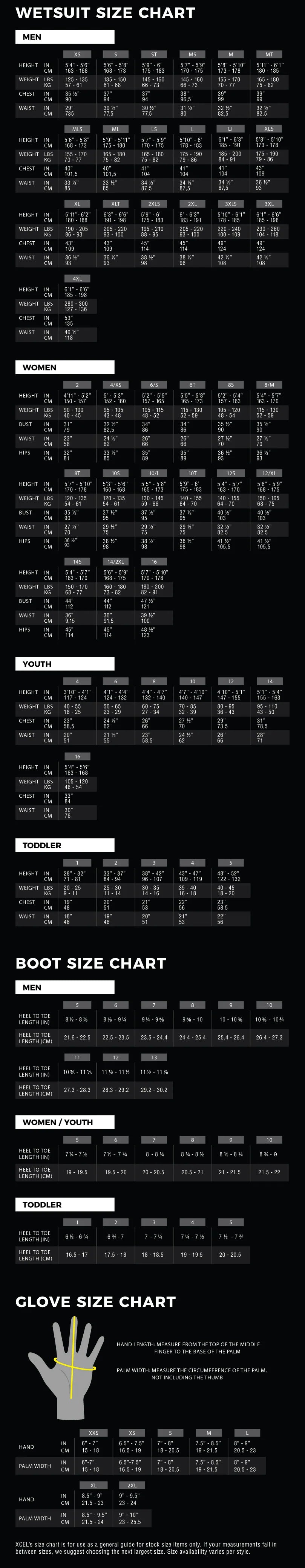 Size chart for wet suits, boots, and gloves on a black background shed_nine
