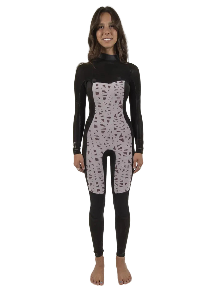 Person wearing a black and gray patterned wetsuit on a white background shed nine
