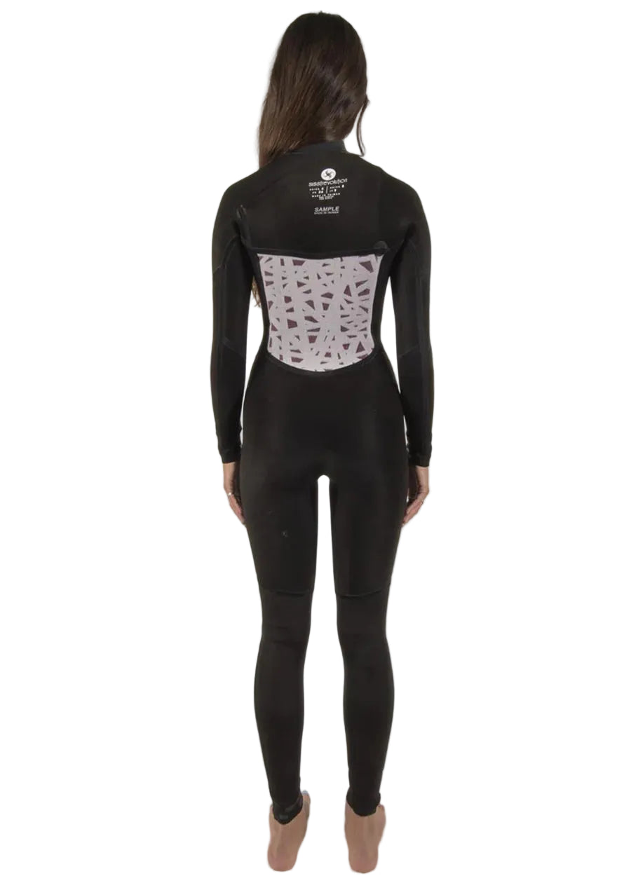 Person wearing a black wetsuit with a patterned back on a white background shed nine