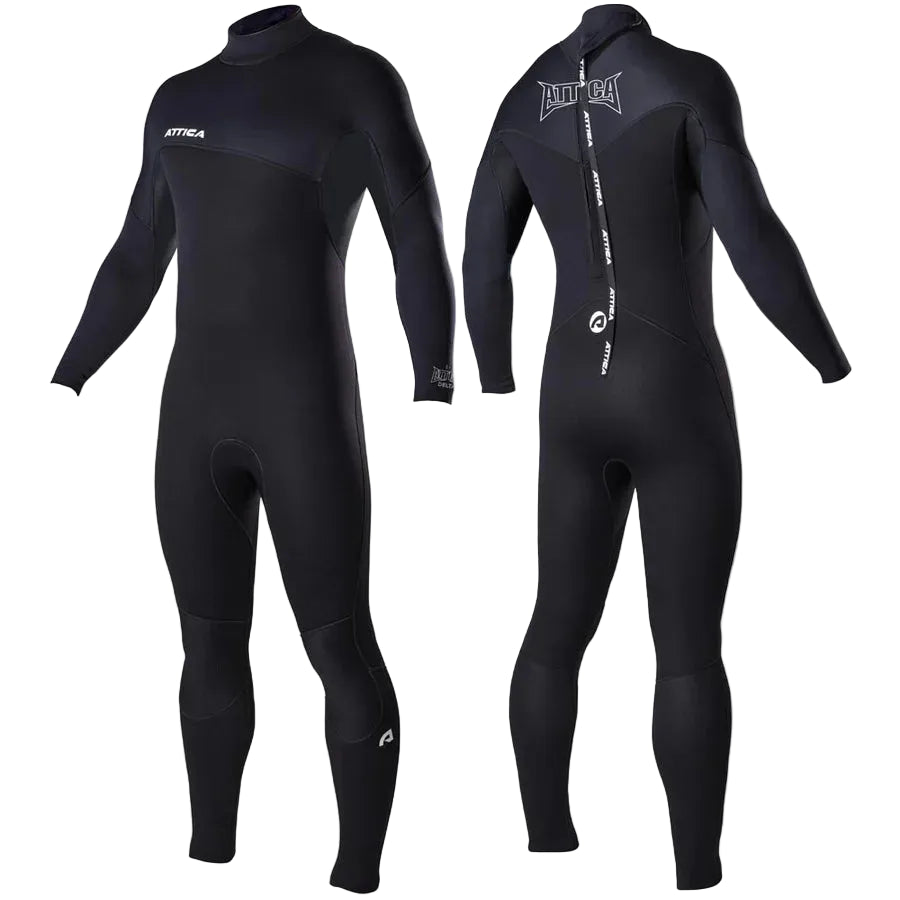Attica Delta 3/2 Steamer Wetsuit in black and white front and back view shed nine