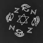 Circular design with eyes and a star of David on a black background shed nine