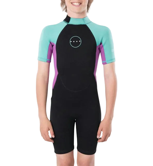 Child wearing a black and teal wetsuit with purple sleeves on a white background shed nine