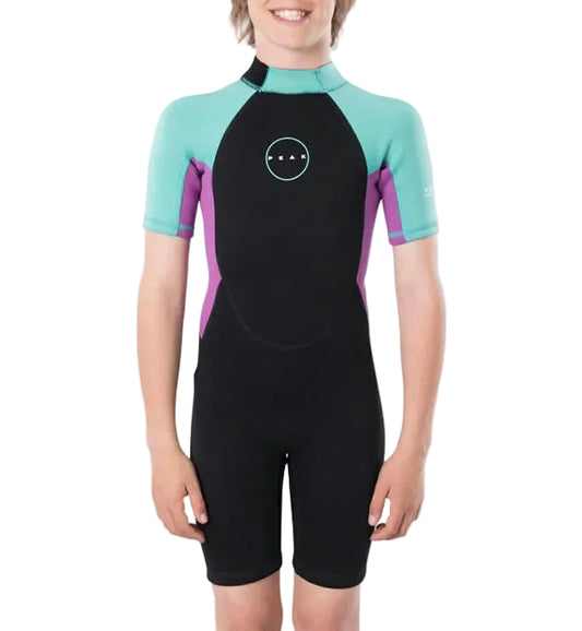 Child wearing a black and teal wetsuit with purple sleeves on a white background shed nine