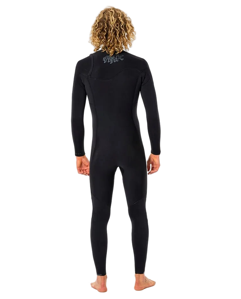 Person wearing a black wetsuit with a brand logo on the back against a white background shed nine