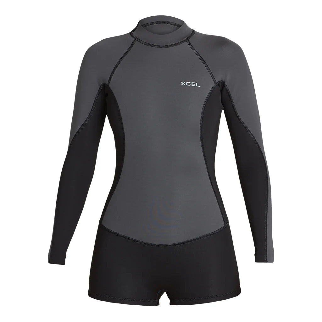 Gray and black Xcel wetsuit on a white background shed nine