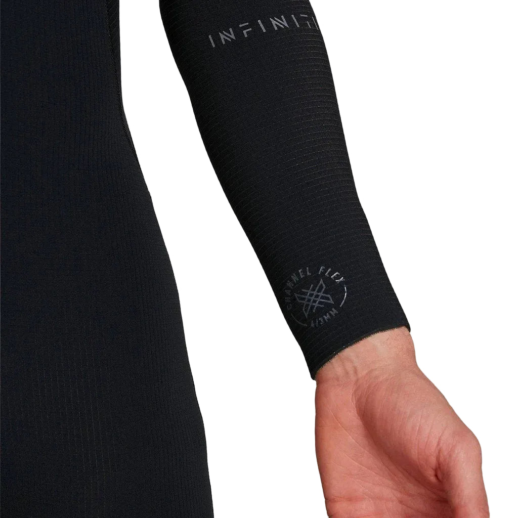 Black compression sleeve on a person's arm with 'INFINITY' branding. shed_nine