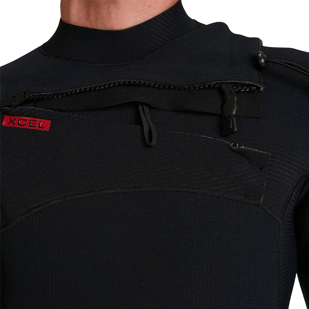 Close-up of a black wetsuit with XCEL branding on a white background shed_nine