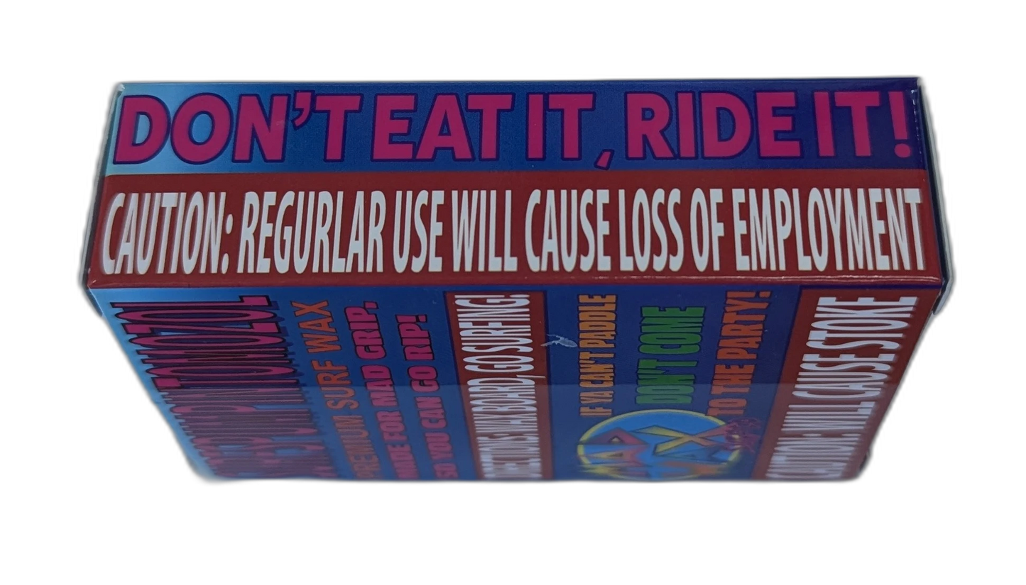 Box with humorous text warning 'Don't eat it, ride it!' and 'Regular use will cause loss of employment'.