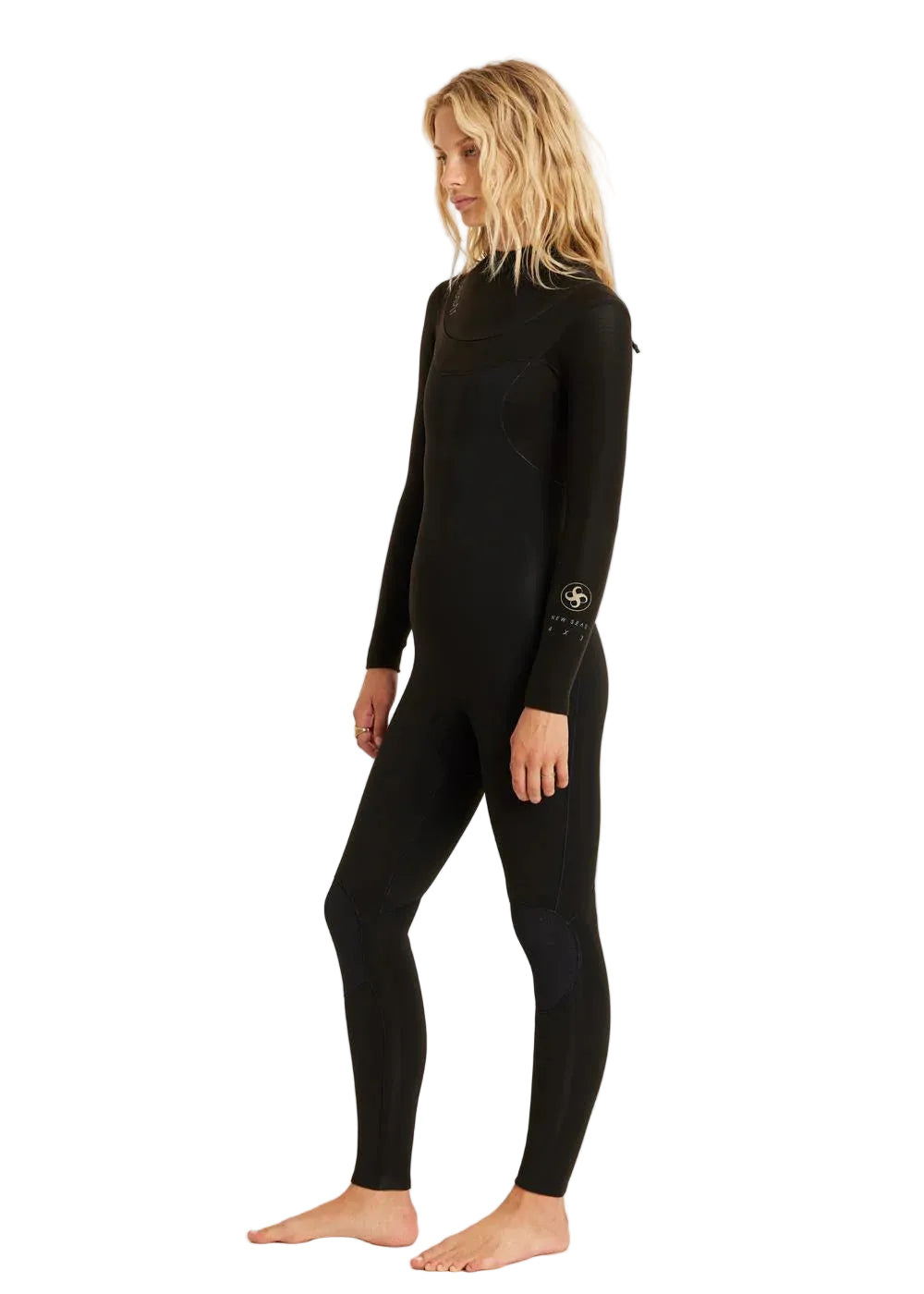 Side view of SISSTR New Seas 4/3 U-Zip Full Suit Wetsuit in black shed nine