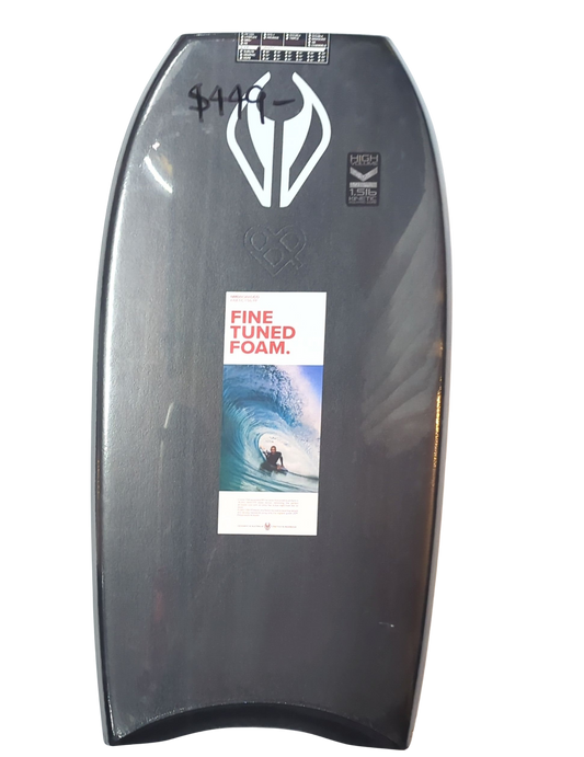 Black bodyboard with branding and text on a white background