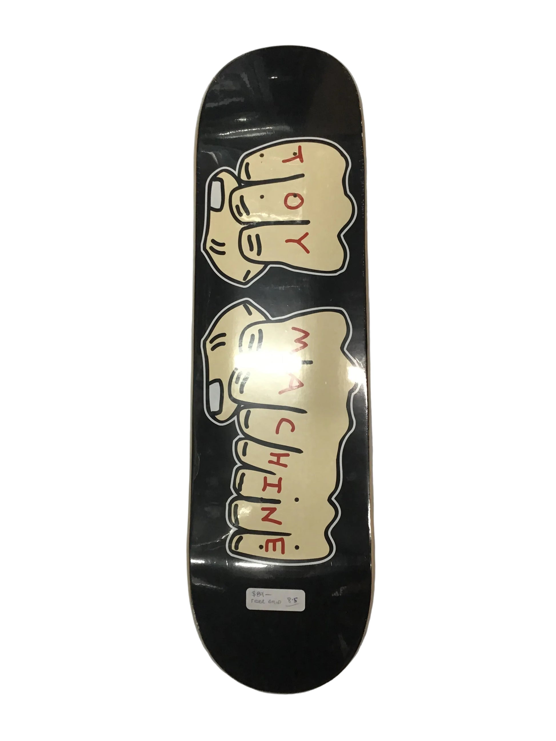 Toy Machine New Fists 004 8.5 skateboard deck with cream knuckle graphic on black