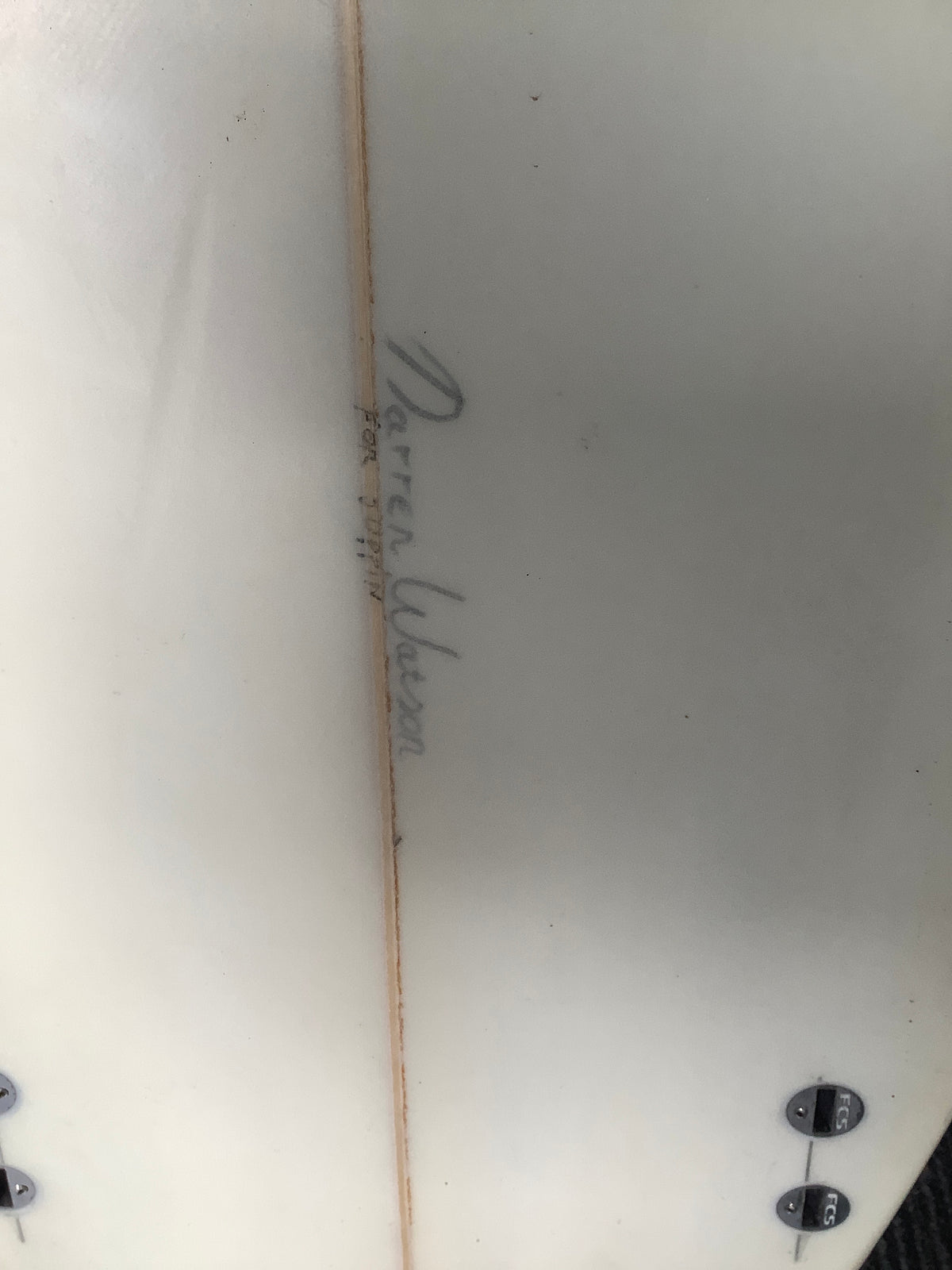 Darren Watson signature close-up on surfboard bottom
