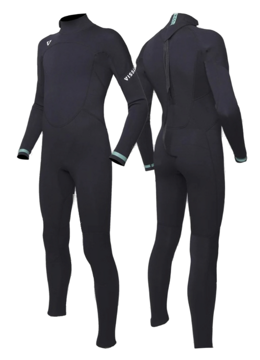 Vissla boys black 3/2mm back zip fullsuit wetsuit front and back view shed nine