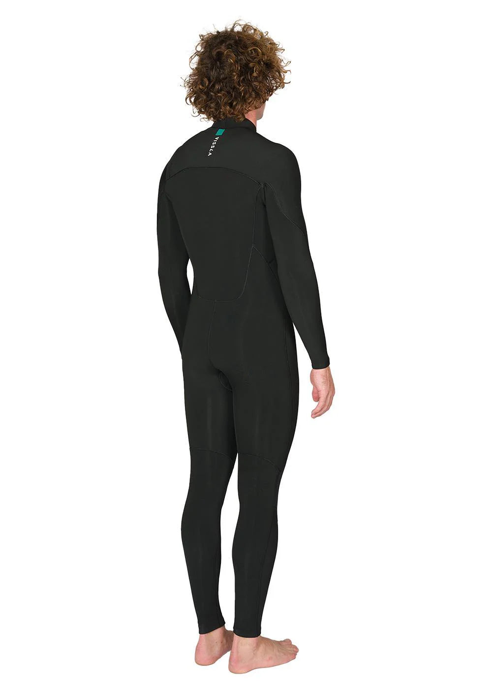 Back angle view of Vissla Men’s 7 Seas 4/3 Full Chest Zip Steamer Wetsuit in black shed nine