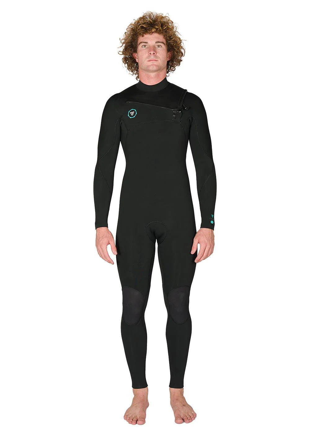 Vissla Men’s 7 Seas 4/3 Full Chest Zip Steamer Wetsuit in black front view shed nine