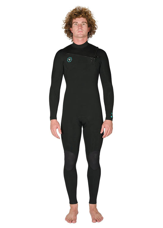 Vissla Men’s 7 Seas 4/3 Full Chest Zip Steamer Wetsuit in black front view shed nine