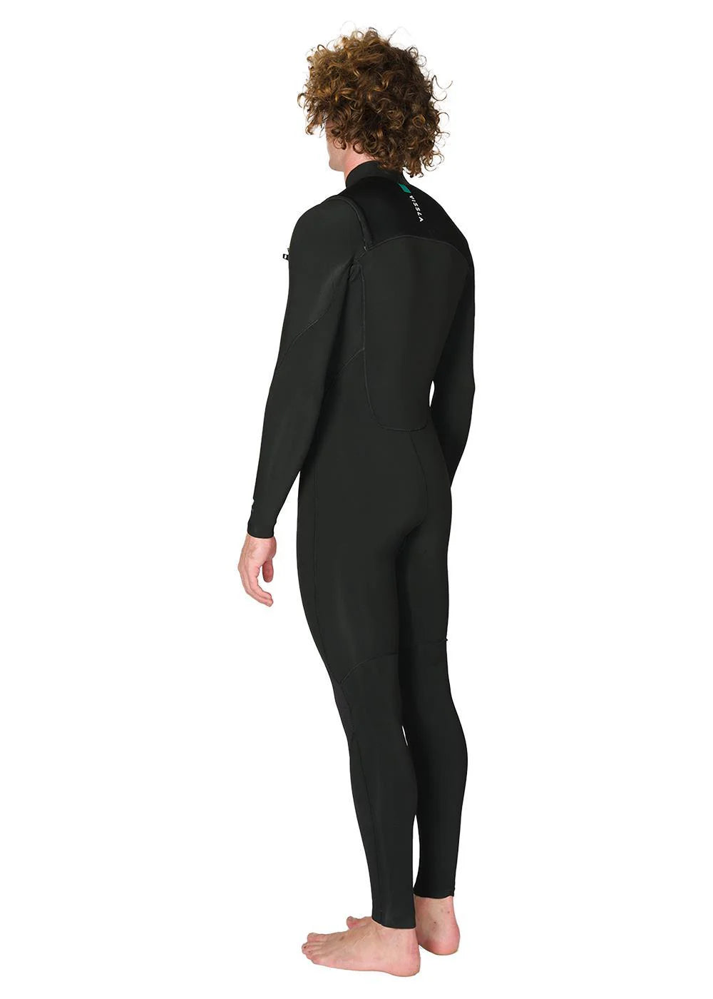 Side back view of Vissla Men’s 7 Seas 4/3 Full Chest Zip Steamer Wetsuit in black shed nine