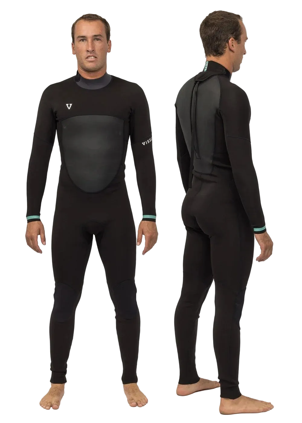 Vissla Men’s Easy Seas 3/2mm Back Zip Steamer Wetsuit in black front and back view shed nine
