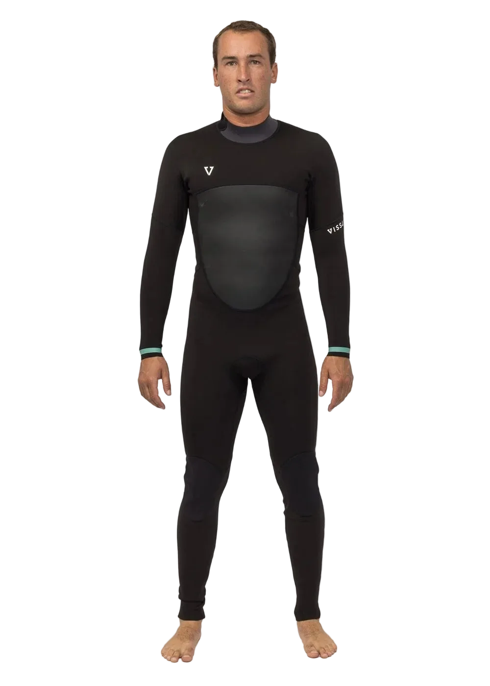 Front view of Vissla Men’s Easy Seas 3/2mm Back Zip Steamer Wetsuit in black shed nine
