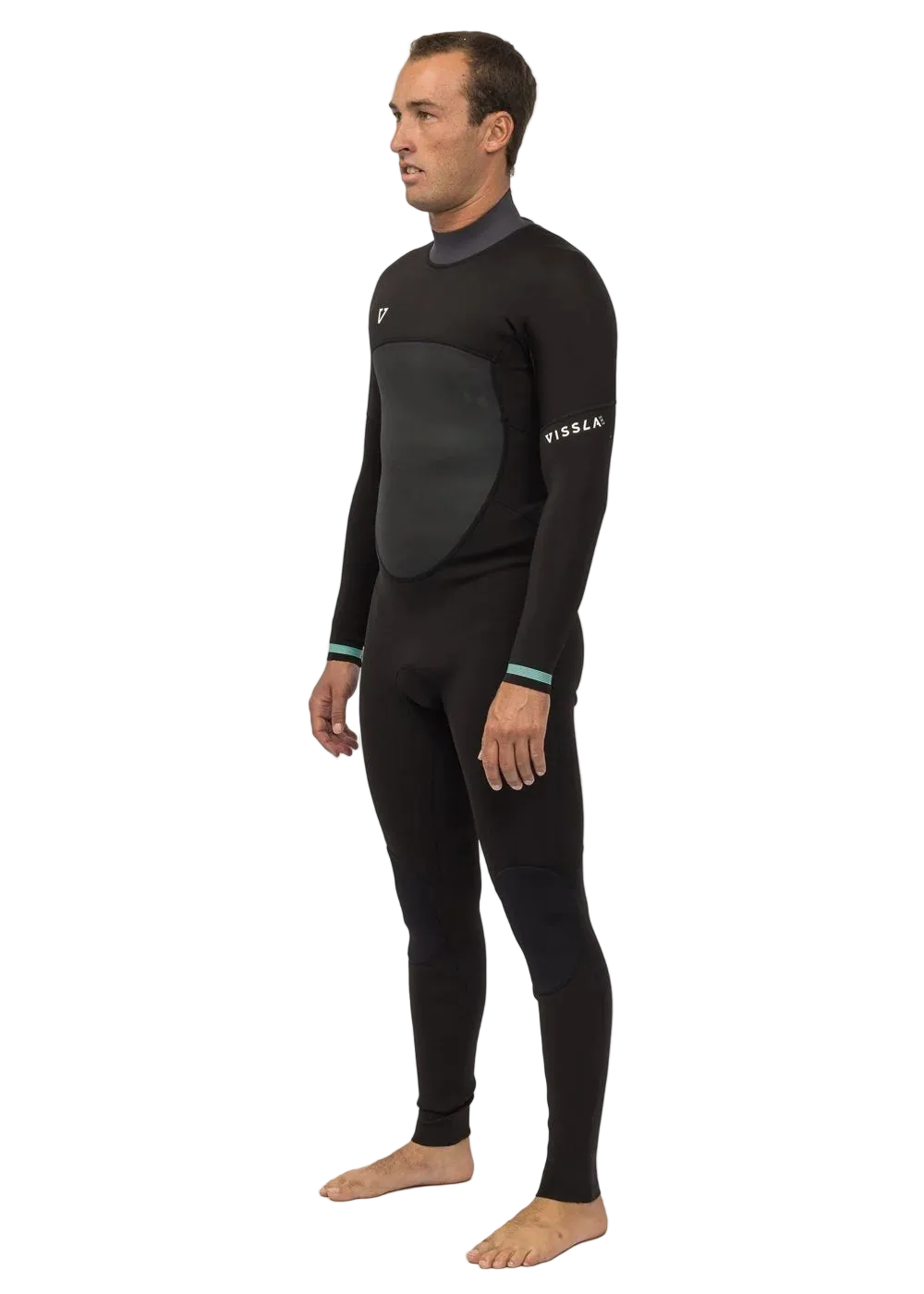 Side front view of Vissla Men’s Easy Seas 3/2mm Back Zip Steamer Wetsuit in black shed nine