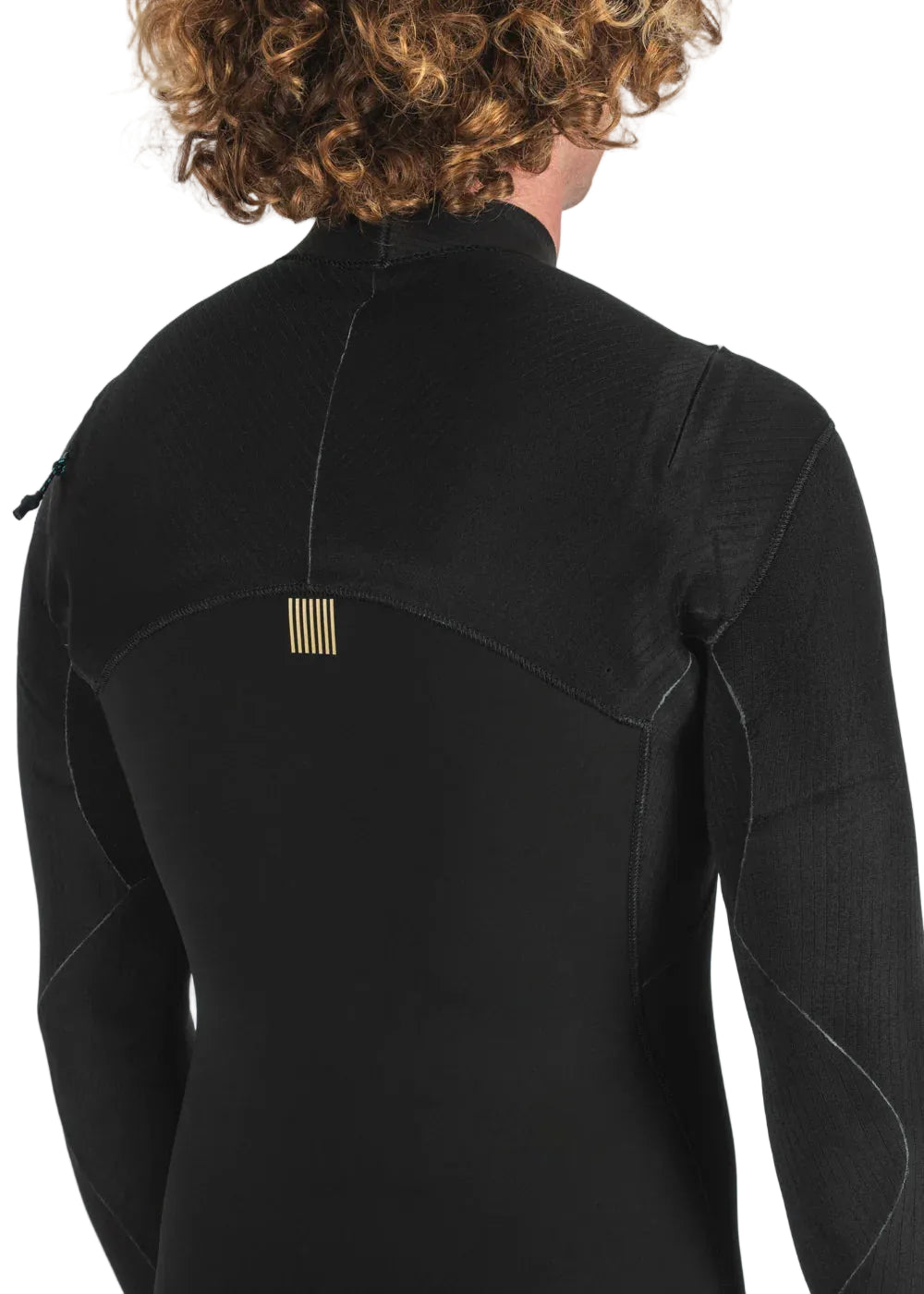Back logo detail on Vissla Men’s New Seas 3/2 U-Zip Steamer Wetsuit in Black 2 shed nine