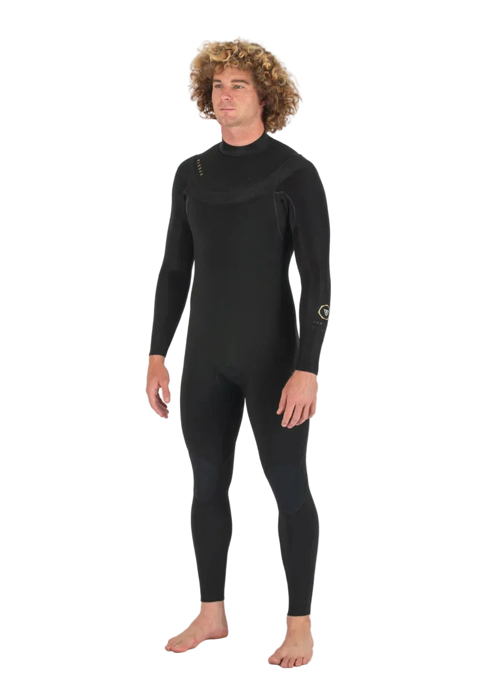 Angled model view wearing Vissla Men’s New Seas 3/2 U-Zip Steamer Wetsuit in Black 2 shed nine